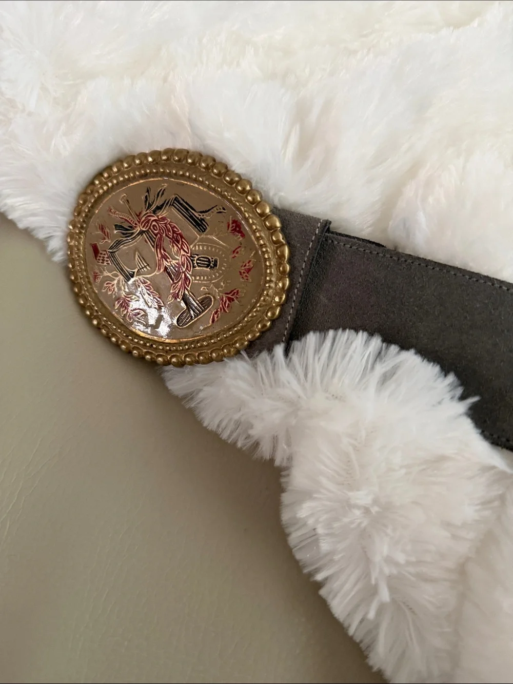 Southwestern-style belt gray suede intricate 